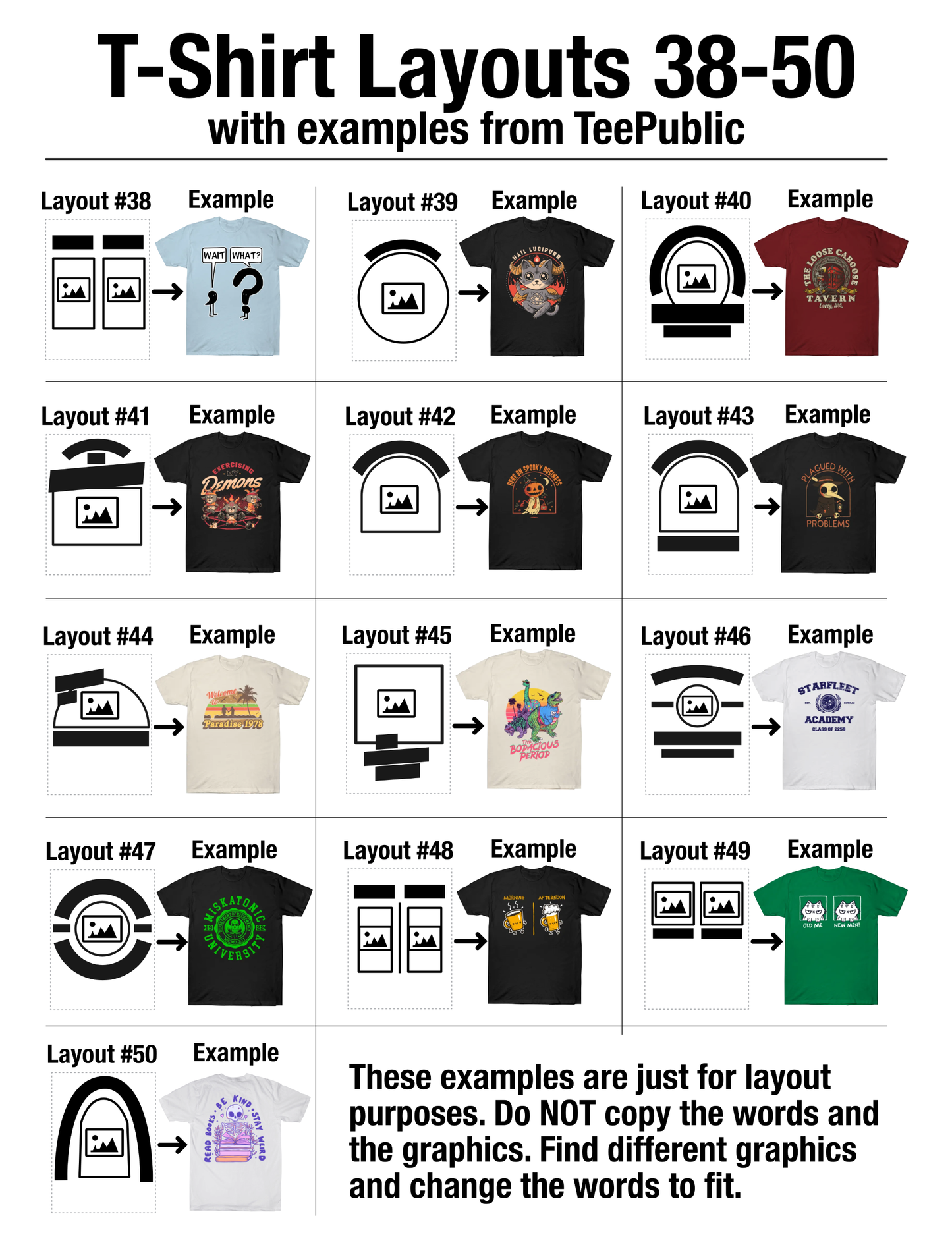 T-Shirt Layouts 26-50 with examples