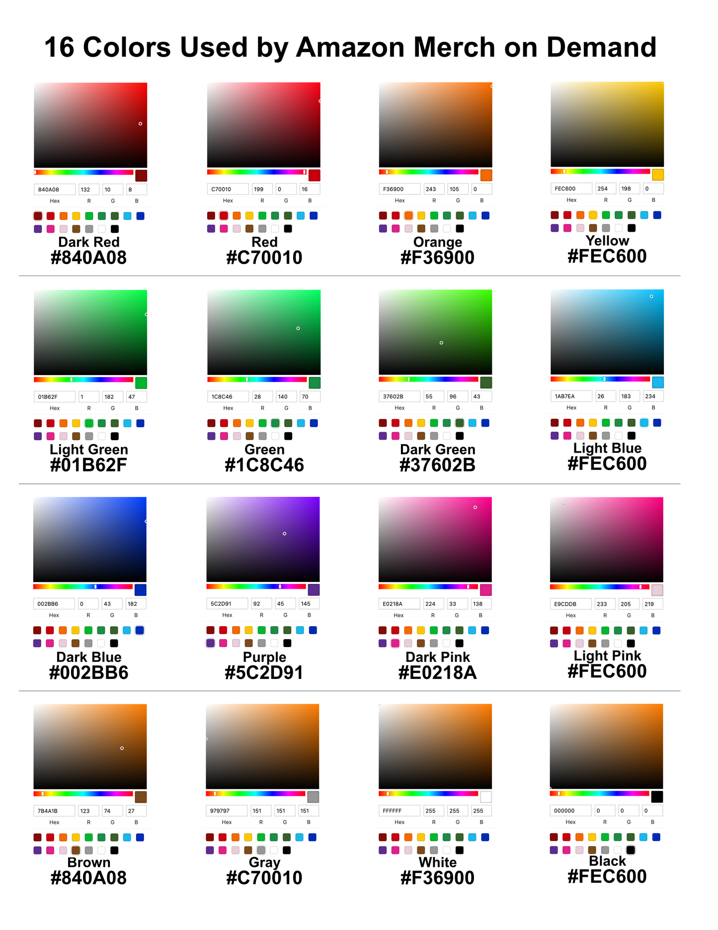 16 Colors Used on Amazon Merch on Demand