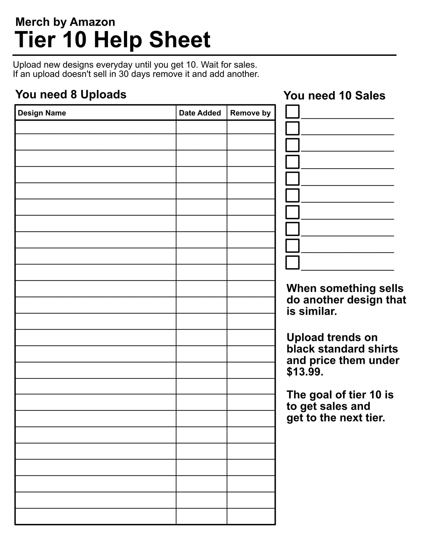 Merch by Amazon Tier 10 Help Sheet