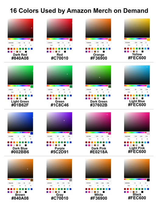 16 Colors Used on Amazon Merch on Demand