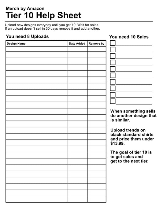 Merch by Amazon Tier 10 Help Sheet